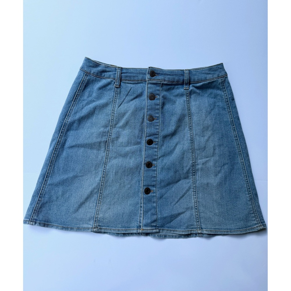 Mossimo Denim Mini Skirt Sz 10 Button Front A-Line Light Wash minimalist